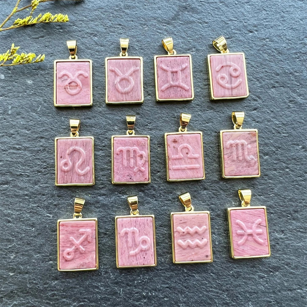 Natural Stone Rhodochrosite 12 Zodiac Sign Engrave Astrology Jewelry Horoscope Symbol Rectangle Crystal Red Rhodonite Pendant