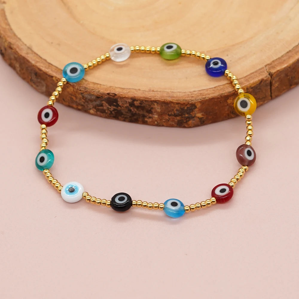 Go2boho New in Boho Evil Eyes Gold Plated Bead Stretch Bracelets for Women Coloured Glazed Glaze Jewelry