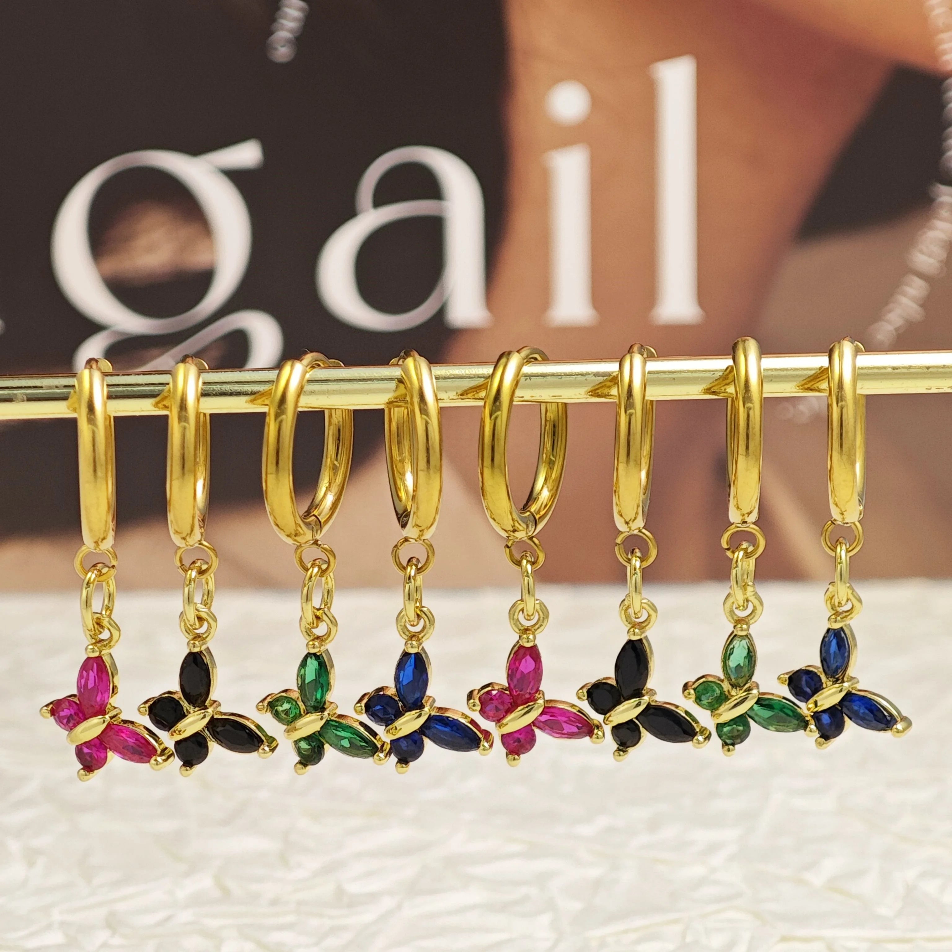 Ilona Women's Fashion Gold Plated Stainless Steel Huggie Earrings Drop Design with Green/Pink/Black/Blue Zircon Butterfly Charms