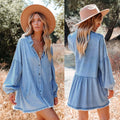 Women Denim Mini Dress Long Lantern Sleeve Button Down Babydoll Dress Loose Casual Jean Shirt Dresses with Frayed Hem