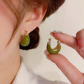 Sweet Shiny Micro Pave Cubic Zirconia U Shaped Earrings Gold Plated Green Enamel Geometric Huggie Earrings