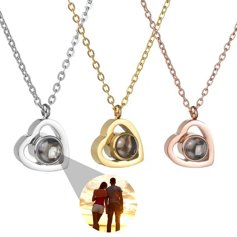 Wholesale Stainless Steel Custom Photo Projection Heart Pendant Blank Necklace Keychain Jewelry Sets for Women
