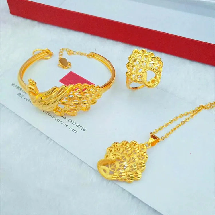 Dubai Gold  Matte Peacock Pendant Braceletring Brass Gold Plated Gold Ladies Jewelry Set for Women