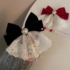 Vintage Black Velvet Large Bow Hairpin Girl's Big Bow Knot Hair Clip Accessories Ponytail Spring Clip Tassel Bowknot Hairpin