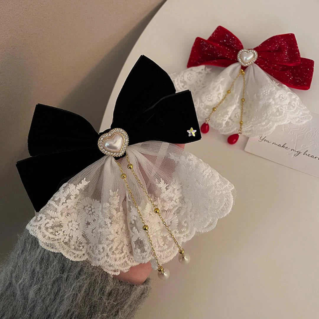 Vintage Black Velvet Large Bow Hairpin Girl's Big Bow Knot Hair Clip Accessories Ponytail Spring Clip Tassel Bowknot Hairpin