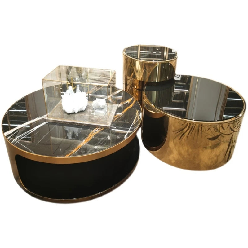 Round Side Set of 3 Light Luxury Coffee Tables Living Room Furniture Combination Stainless Steel Circular Mirror Center Table