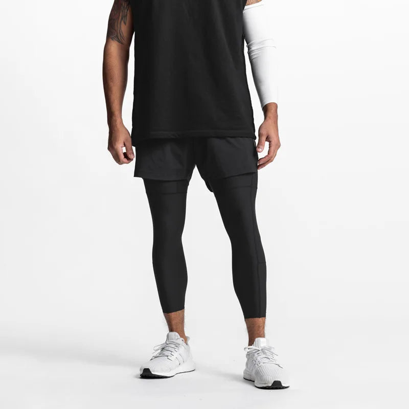 Men's Summer Fitness Training Leggings Quick Dry Skinny Stretch Training Pants Mock Two-Piece Design