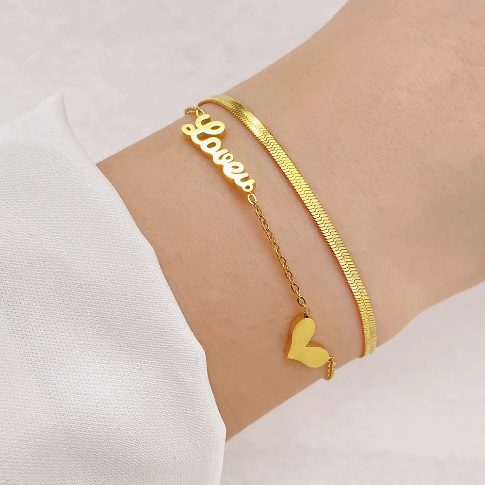 Pulsera Double Row Snake Bone Stainless Steel Gold Plated Bracelet Love Heart Shape Chain Bracelet for Women Fashion Gift