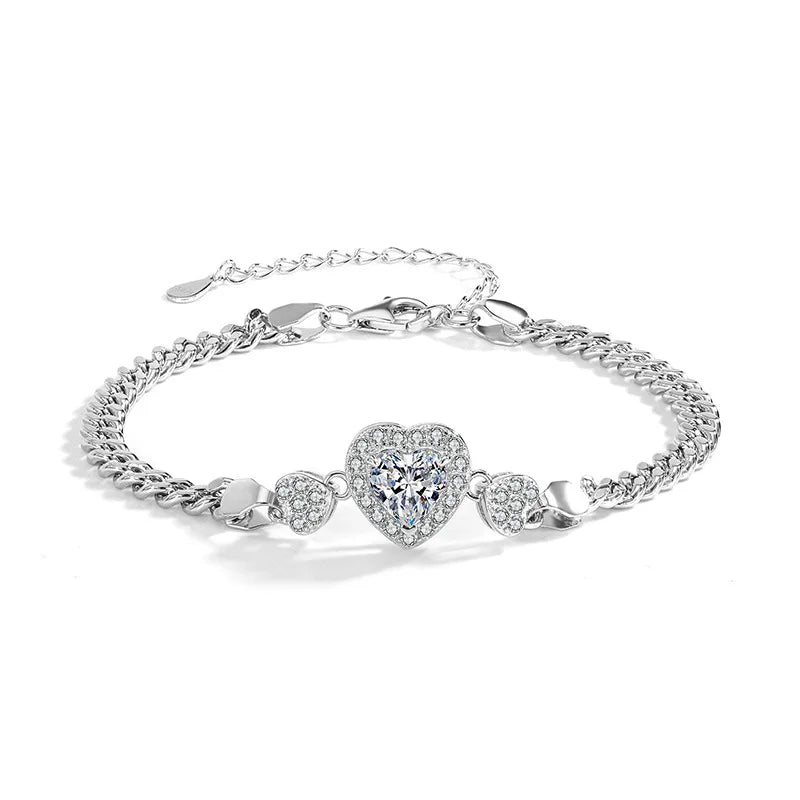 Factory Wholesale 925 Sterling Silver Cuban Link 1Carat Heart Cut D Color Moissanite Bracelet for Women Waterproof Jewelry