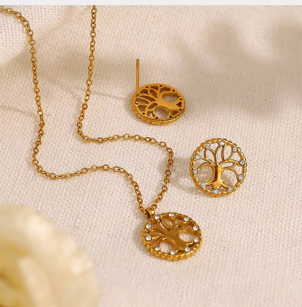 MICCI 2024 Fall Tarnish Free Jewelry Sets 18K Gold Plated Custom Fashion Earrings Life Tree Charm Necklaces