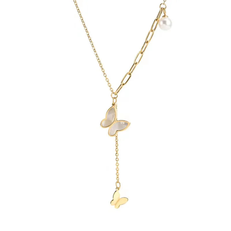 2025 Hot Sale Pearl Butterfly Pendant Necklace Stainless Steel Gold Dainty Beautiful Link Chain Charm White Shell Necklace
