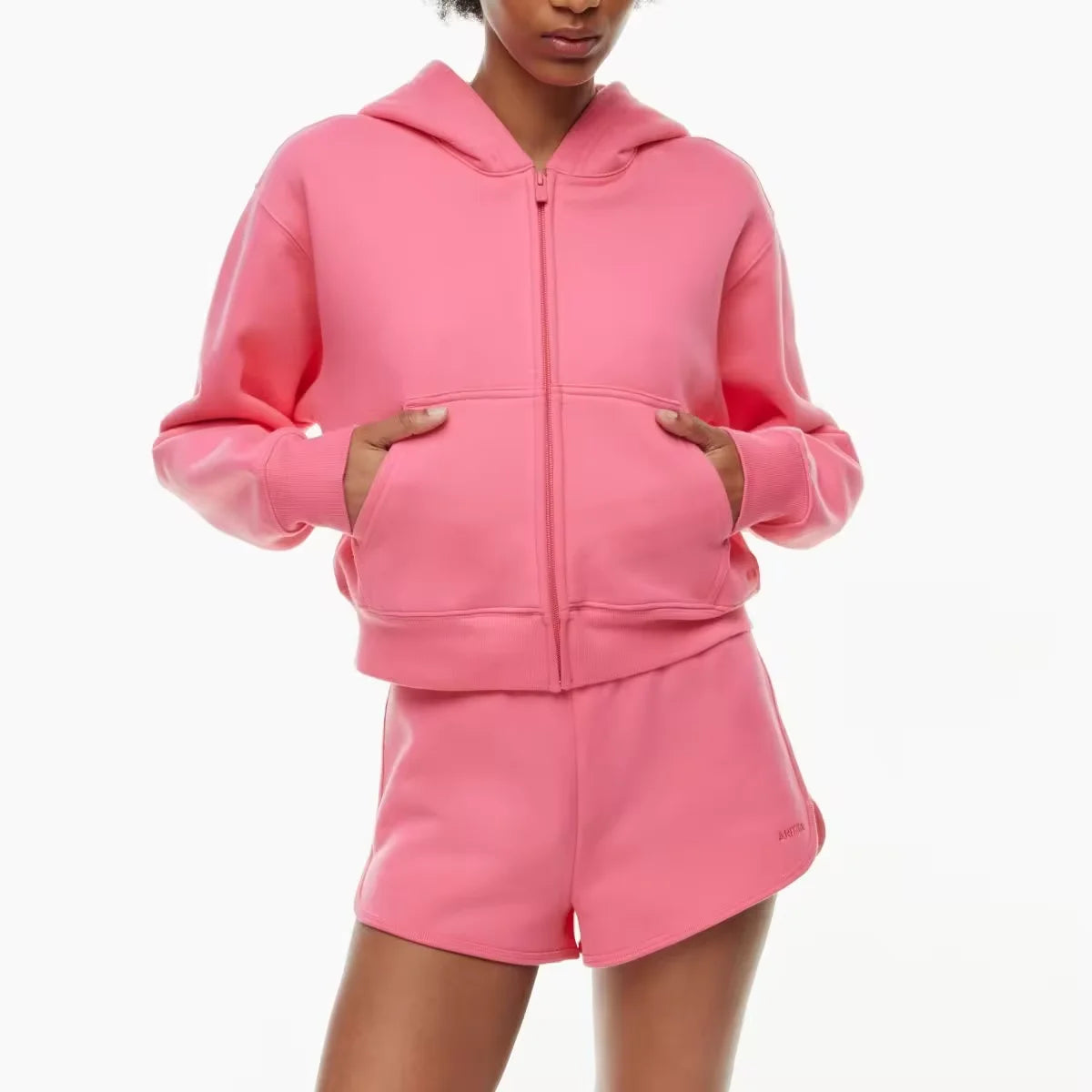 Custom Summer Women 2 Piece 330 GSM Fleece Double-layer Hood Ribbed Cuffs and Hem Sweatsuits