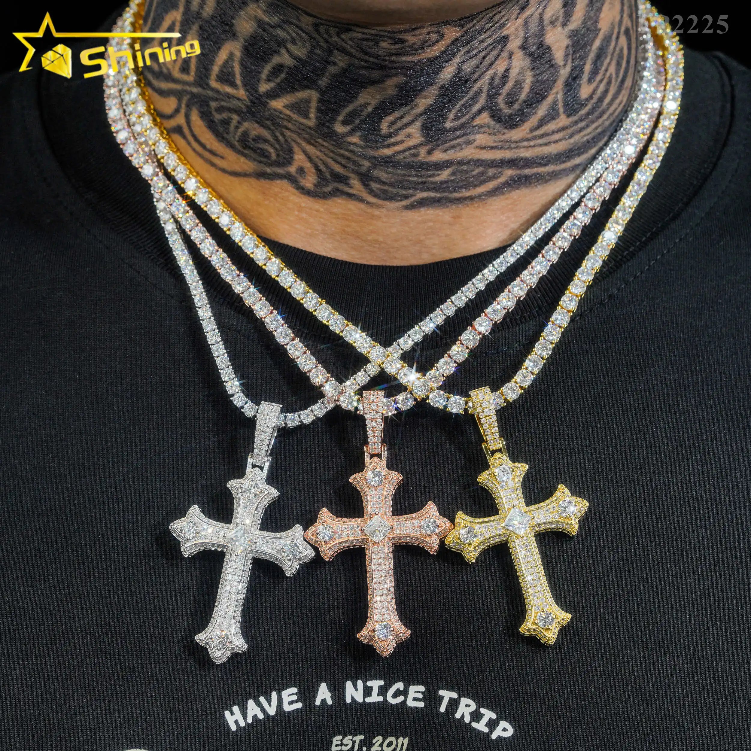 Hot Selling Lab Moissanite Diamond Cross Pendants & Charms 18k Gold Plated Hip Hop Jewelry 925 Sterling Silver Necklace Pendants