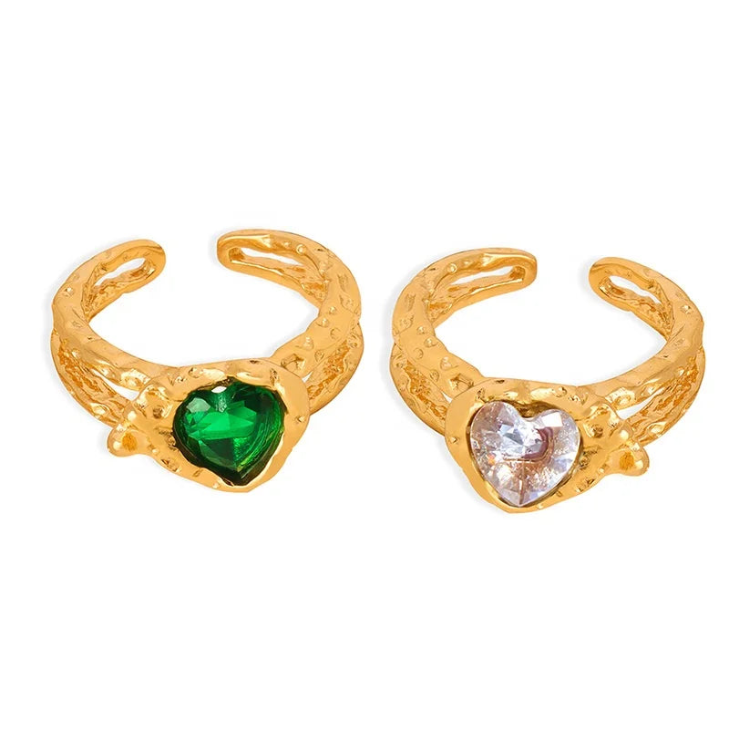 Ins Style Wholesale Women Antique Fashion Senior Jewelry 18k Gold Plated Stainless Steel Colorful Heart Shape Open Ring