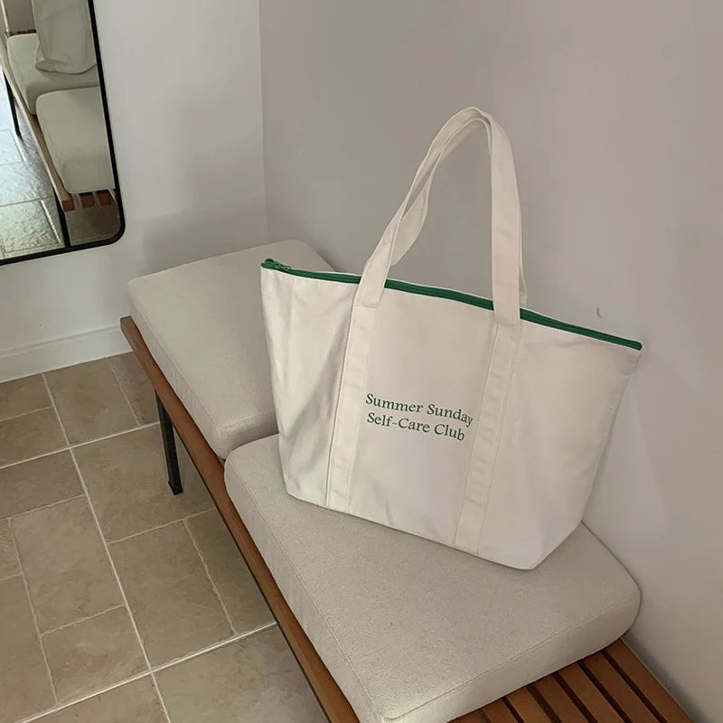 Wholesale Large Canvas Zipper Shoulder Tote Bag Women's Portable Letter Print Pattern Recycle Shopping Bag