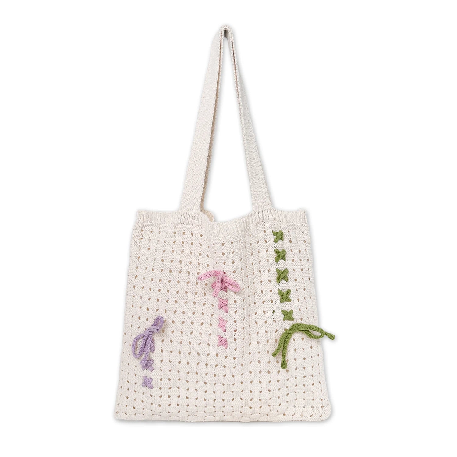 2024 Winter New Ballet Style Women's Portable Beach Tote Bags Summer Open for Pink Green Blue Knitted Crochet Cute Bows Design