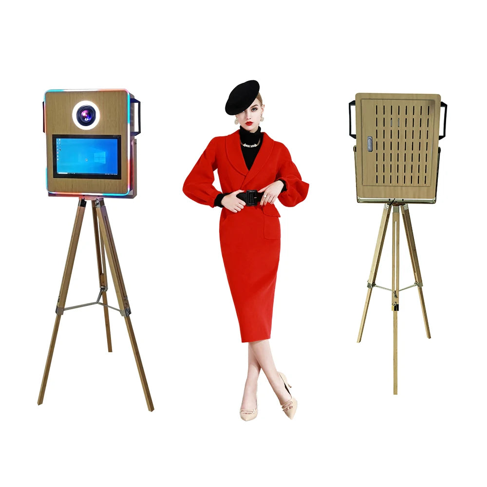 15.6 Inch Portable Kiosk Camera With Printer Vintage Wooden Photo Booth Selfie Dslr Photo Booth With Flight Case