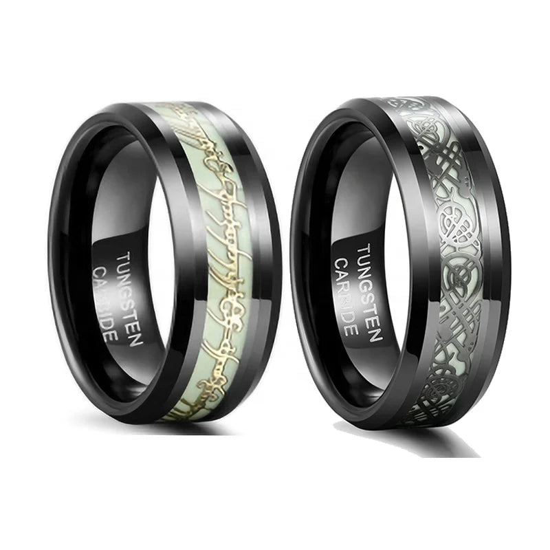 POYA Glowing Ring Celtic Dragon Tungsen Inlay Glow in Dark for Men Women Engagement Wedding Rings