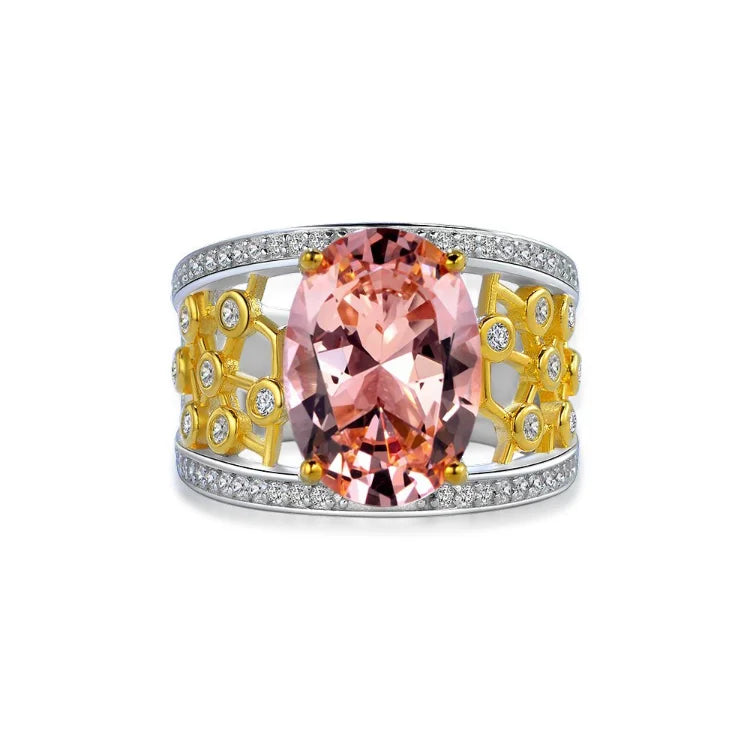 New Style Cutout Ladies Vintage Gold Plated Inlaid 10*14 Egg-shaped High Carbon Diamond S925 Silver Ring