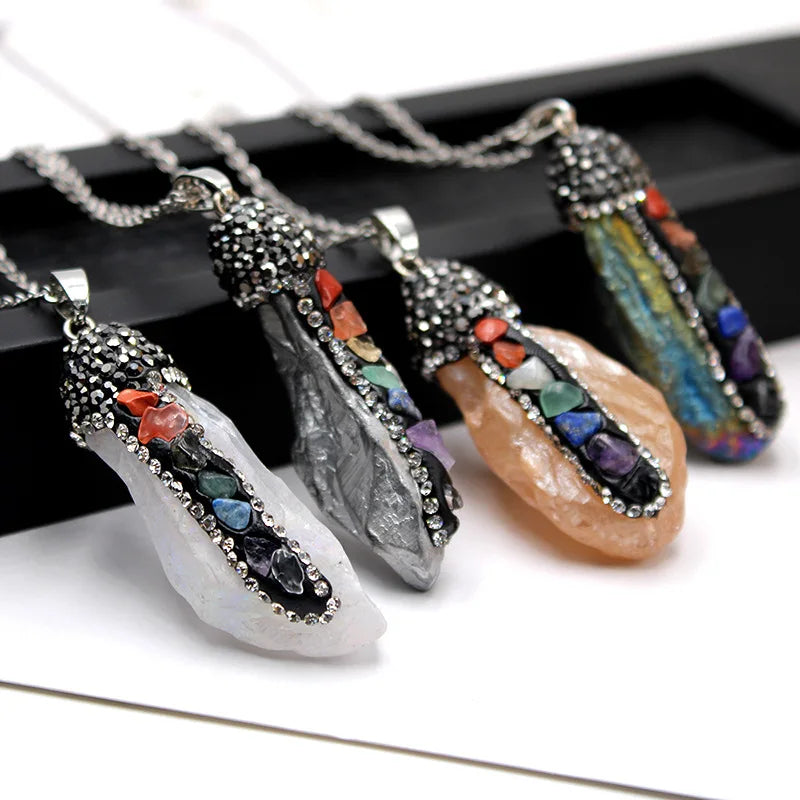 DIY Charms Natural Stone Pendant 7 Chakras Yoga Stone Pendant Crystal Power Irregular Colorful Rough Stone Pendants