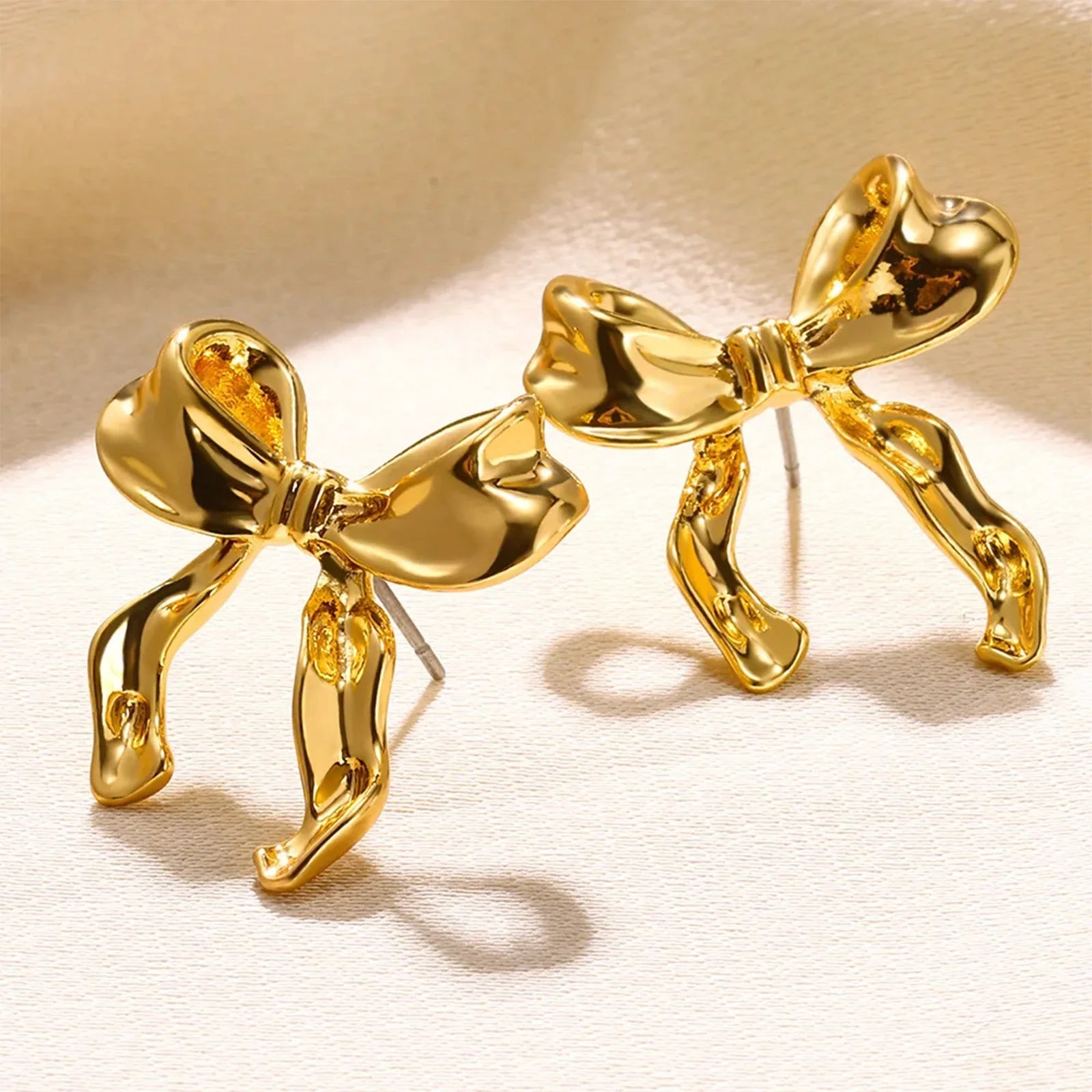 Classic Gold Silvery Plated Ribbon Bowknot Stud Earrings Cute Stainless Steel Bow Earrings Gift for Women