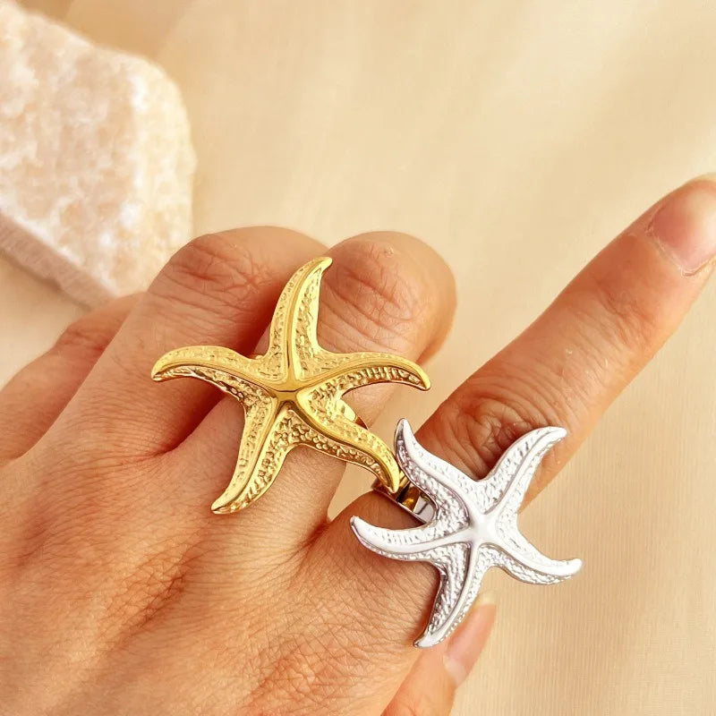 Beach Ocean Sea Life Style Gold Silver Stainless Steel Exaggerated Big Starfish Ring for Men Women