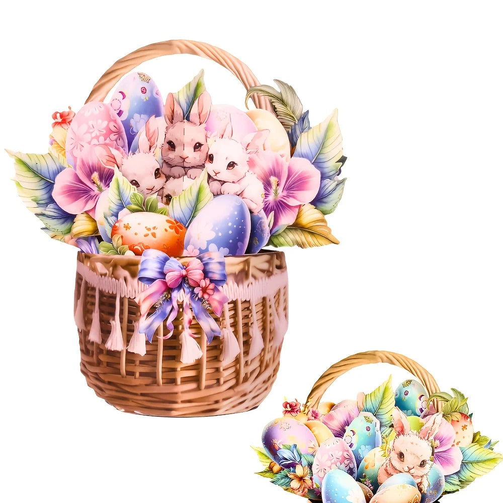 Promotional Easter Bunny Flower Basket 3D Pop-up Greeting Card with Art Paper Custom Color & Cute Bunny Design