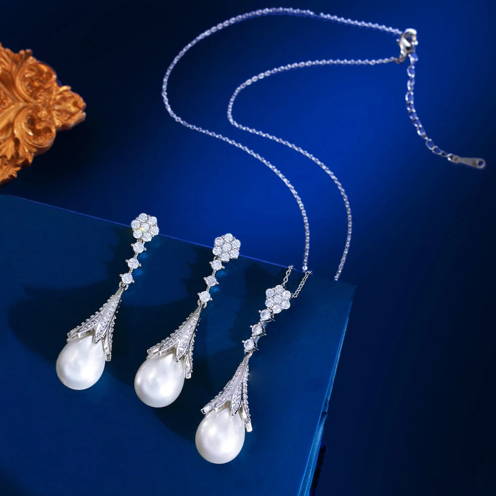 Exquisite Shiny Cubic Zircon Simulated Pearl Pendant Necklace and Earrings Bridal Wedding Party Pearls Jewelry Set for Women
