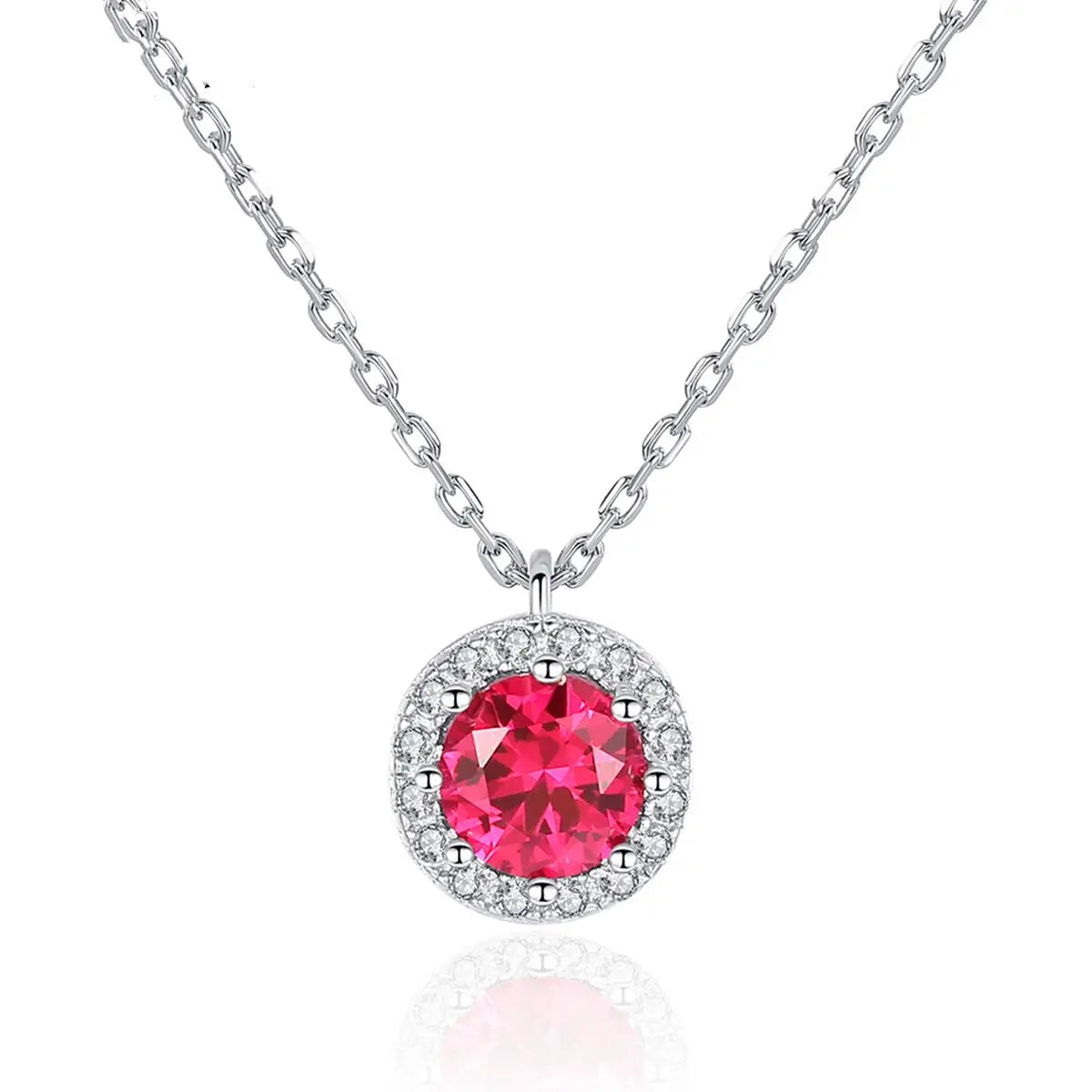 OAHLAN Fashion Jewelry 925 Sterling Silver Dainty Round Cut Simulated Ruby Pendant Necklace Halo for Women Girls Valentines Day