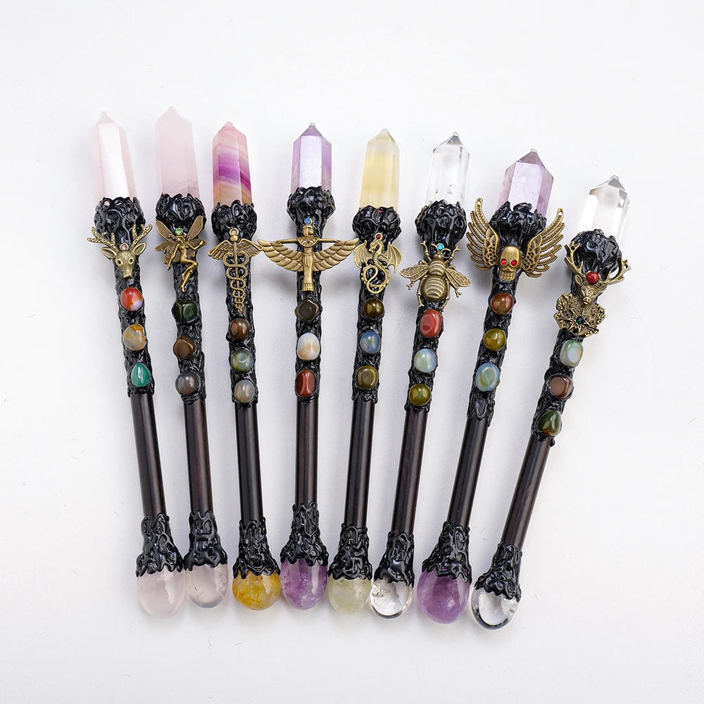 Wholesale Natural Double-end Crystal Magic Stick Energy Healing Moon Star Accessories Amethyst fairy Magic Wand Prop