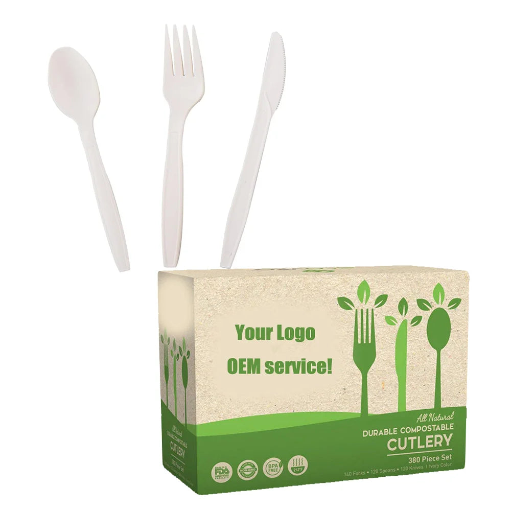 Wholesale Premium Series Biodegradable CPLA Disposable Cutlery Set Compostable Plastic Spoon Fork Knife Kit 7inch Camping Picnic