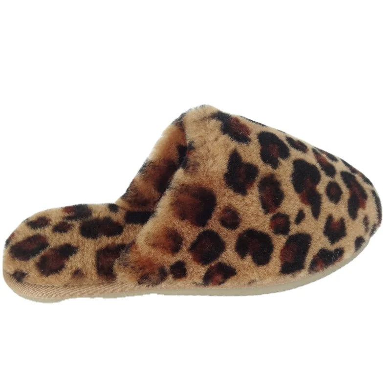 Sample Support Ladies Winter Leopard Sheepskin Slipper Genuine Sheep Leather Warm EVA Outsole Anti-Slip Trendy Indoor Footwear
