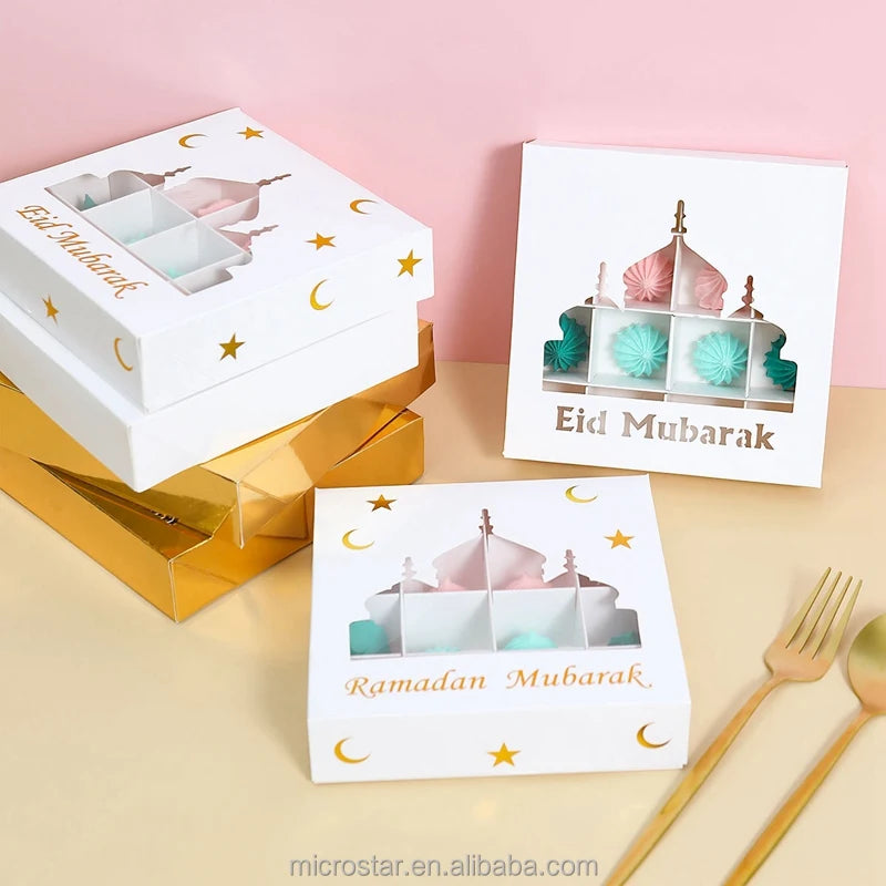 Gold White Eid Mubarak Bakery Boxes With PVC Window Cookies Candy Boxes Paper Chocolate Box for Ramadan Decor