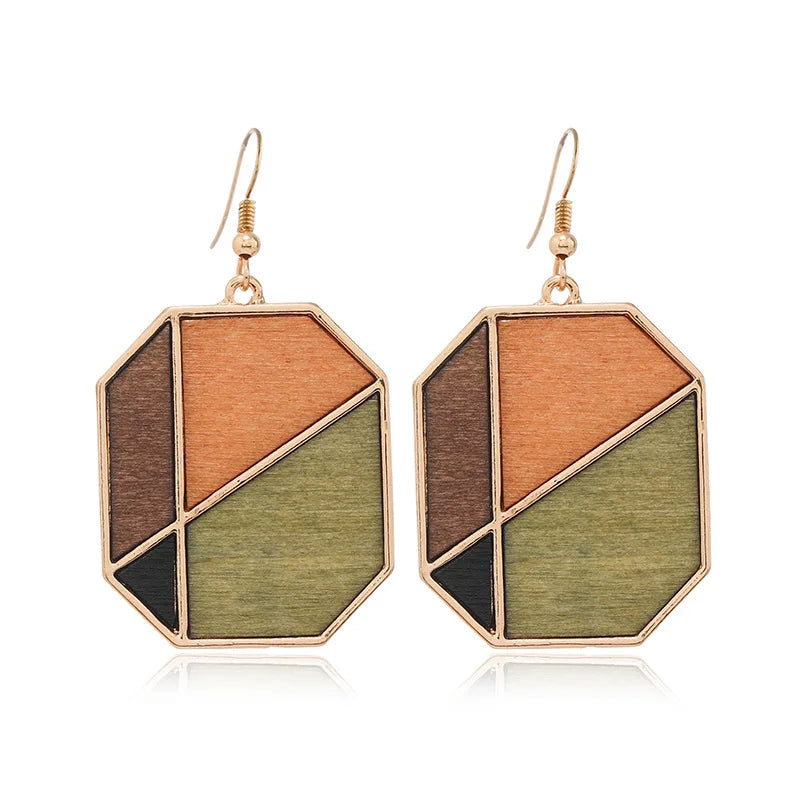 Boho Geometric Wooden Earrings Lightweight Colorful Wood Birthday Jewelry Gifts Hoop Drop Dangle Splicing Earrings for Women