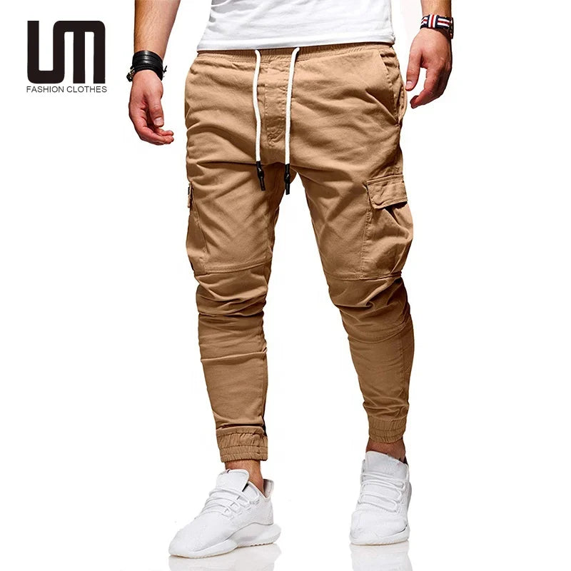 Custom Logo Popular Fashion Streetwear Men Casual Solid Color Drawstring Workout Cargo Trousers Sweatpants Pants