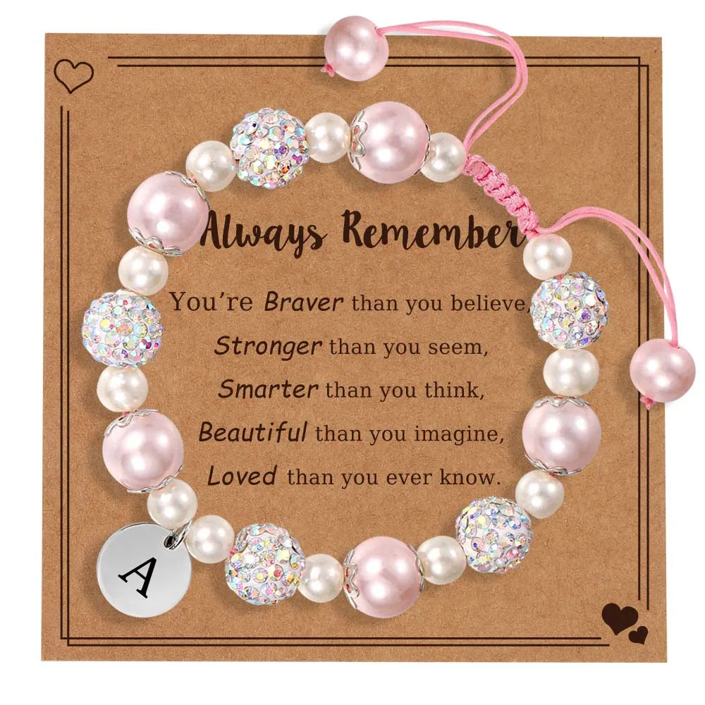 Natural Stone Shambhala Pearl Crystal Bead Jewelry Personalized Initial Charm Birthday Gift Mom Daughter Pink Beaded Bracelet