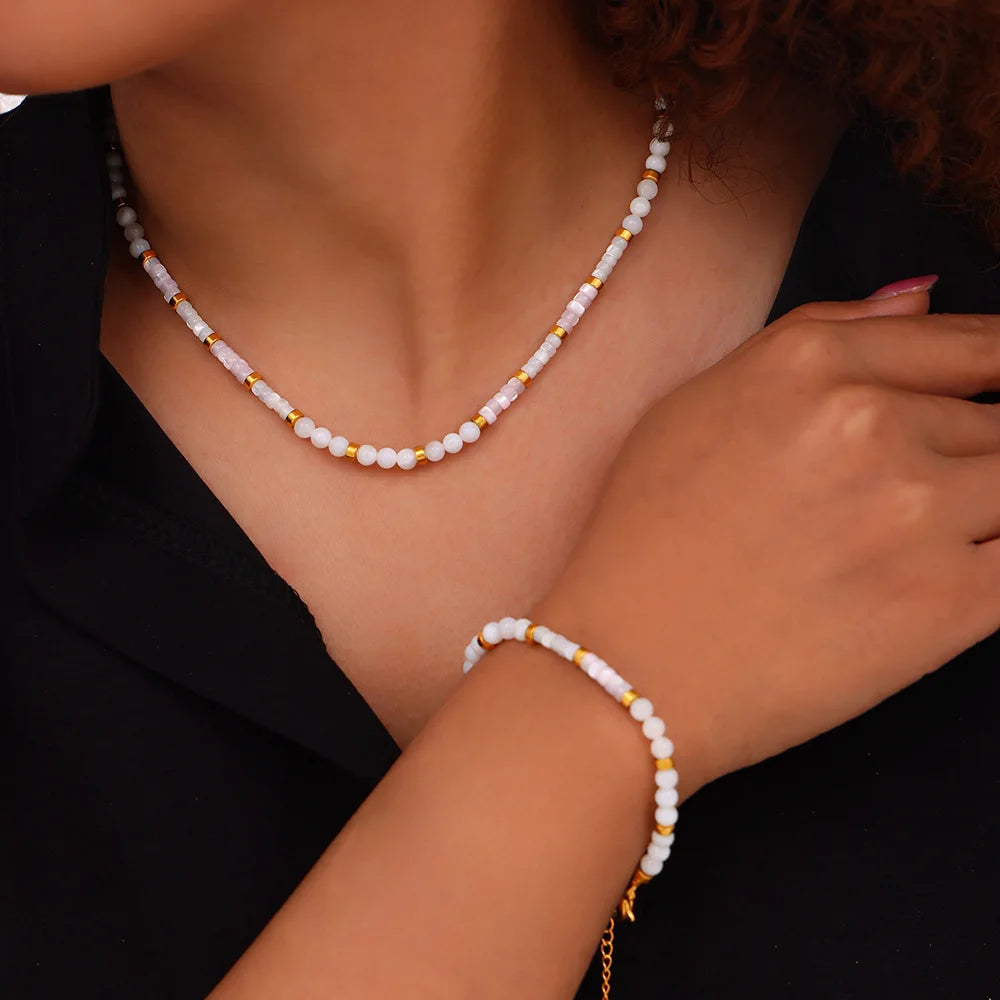 Joolim Jewelry 18K Gold Plated Sea Shell Beads Elegant Link Chain Necklace and Bracelet Set for Gift