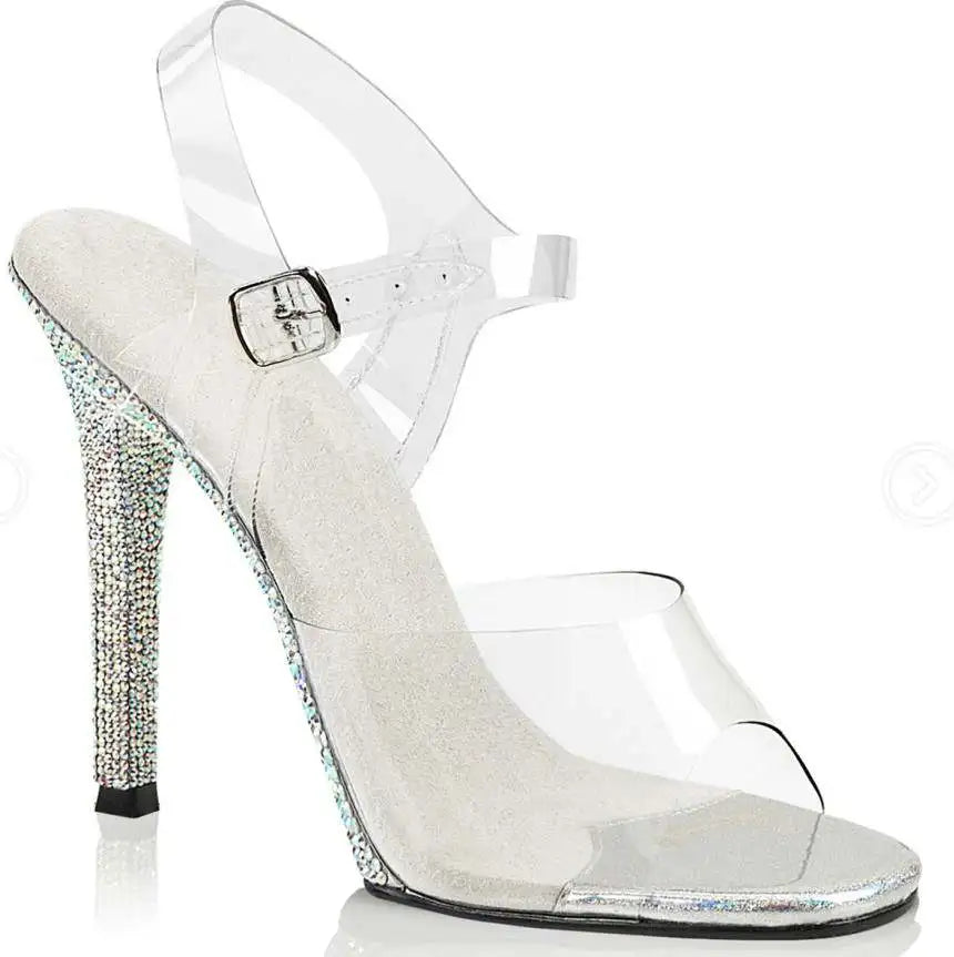 Silver Thin Model Show Pole Dance High Heels Club Platform Leaky Toe Large Sandals Rhinestone Posing Bikini Competition Shoes