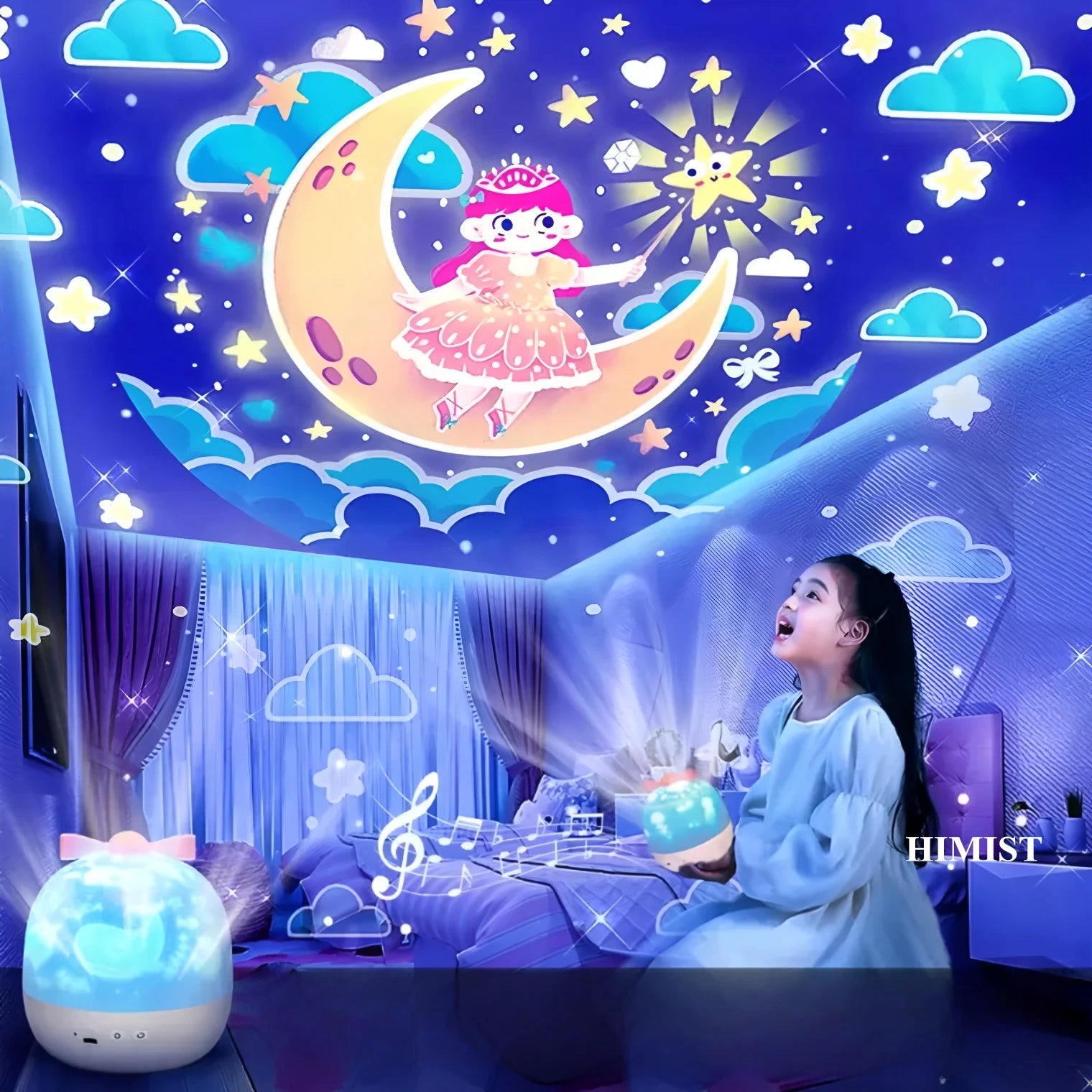 USB Rechargeable Kids Night Light Holiday Gift Projector Rabbit Moonlight Music ABS Body LED Source Remote Control for Sleep