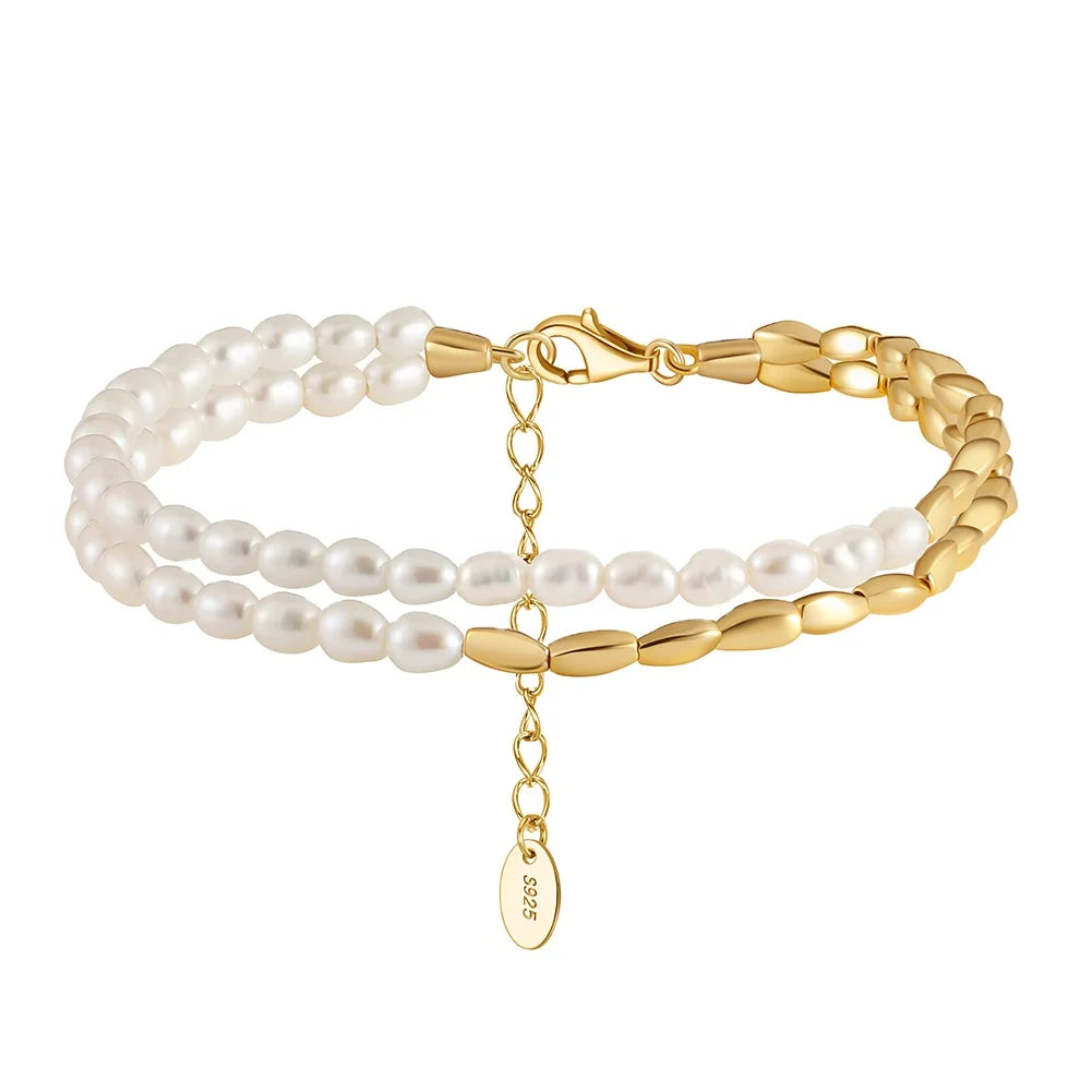 RINNTIN GPB29 Unique Design Gold Plated Oval Beads Charms Pearl Chain Double Layers 925 Sterling Silver Bracelet Adjustable