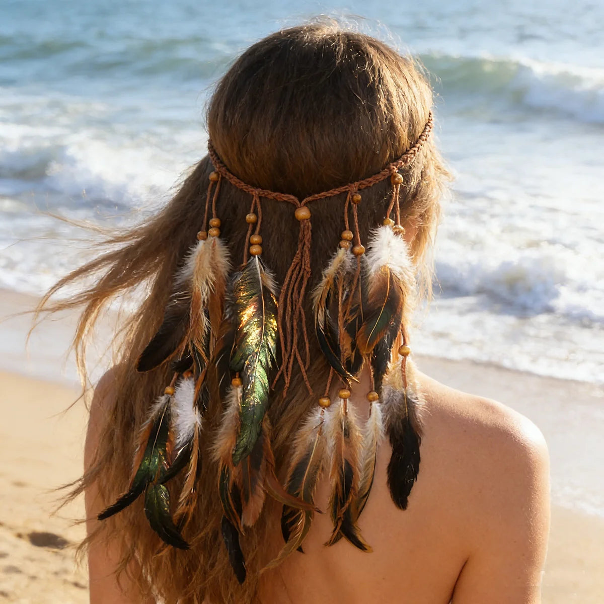 Ethnic Rope Woven Wooden Beads Feather Headbands for Women Boho Handmade Indian Festival Party Hair Accessories