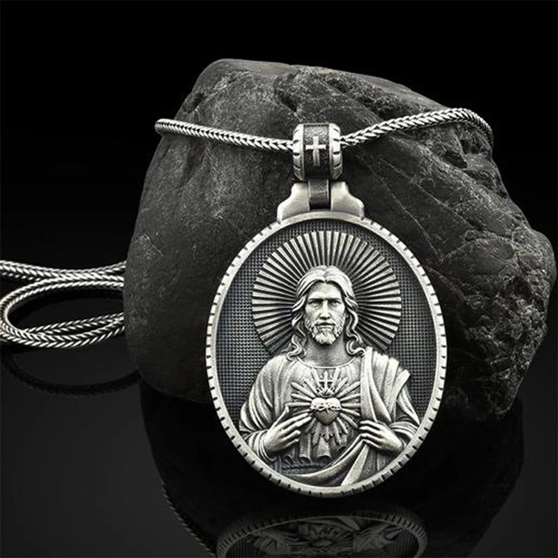 Punk Halo Heart Saint Jesus Pendant Necklaces Catholicism Christian Religion Unisex Jewelry