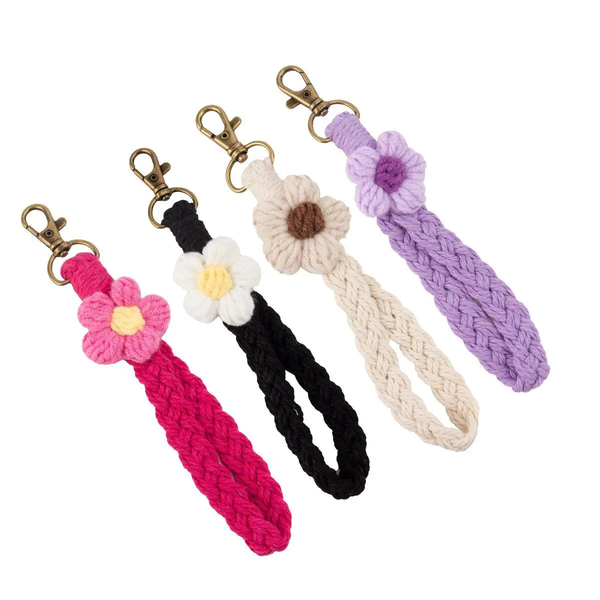 Macrame Key Chains Handwoven Boho Floral Wrist Cotton Rope DIY Car Key Lanyard Keychain Crochet Flower Keychain Wristlet Keyring