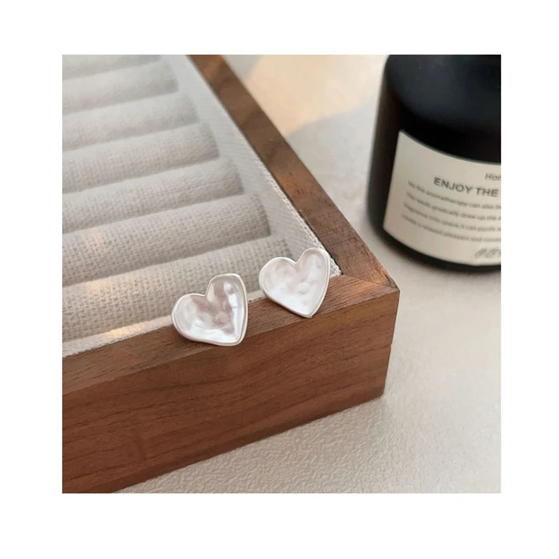 Geometric 925 Sterling Silver Handmade Hammered Heart Shape Stud Earrings for Women Party Gifts Jewelry