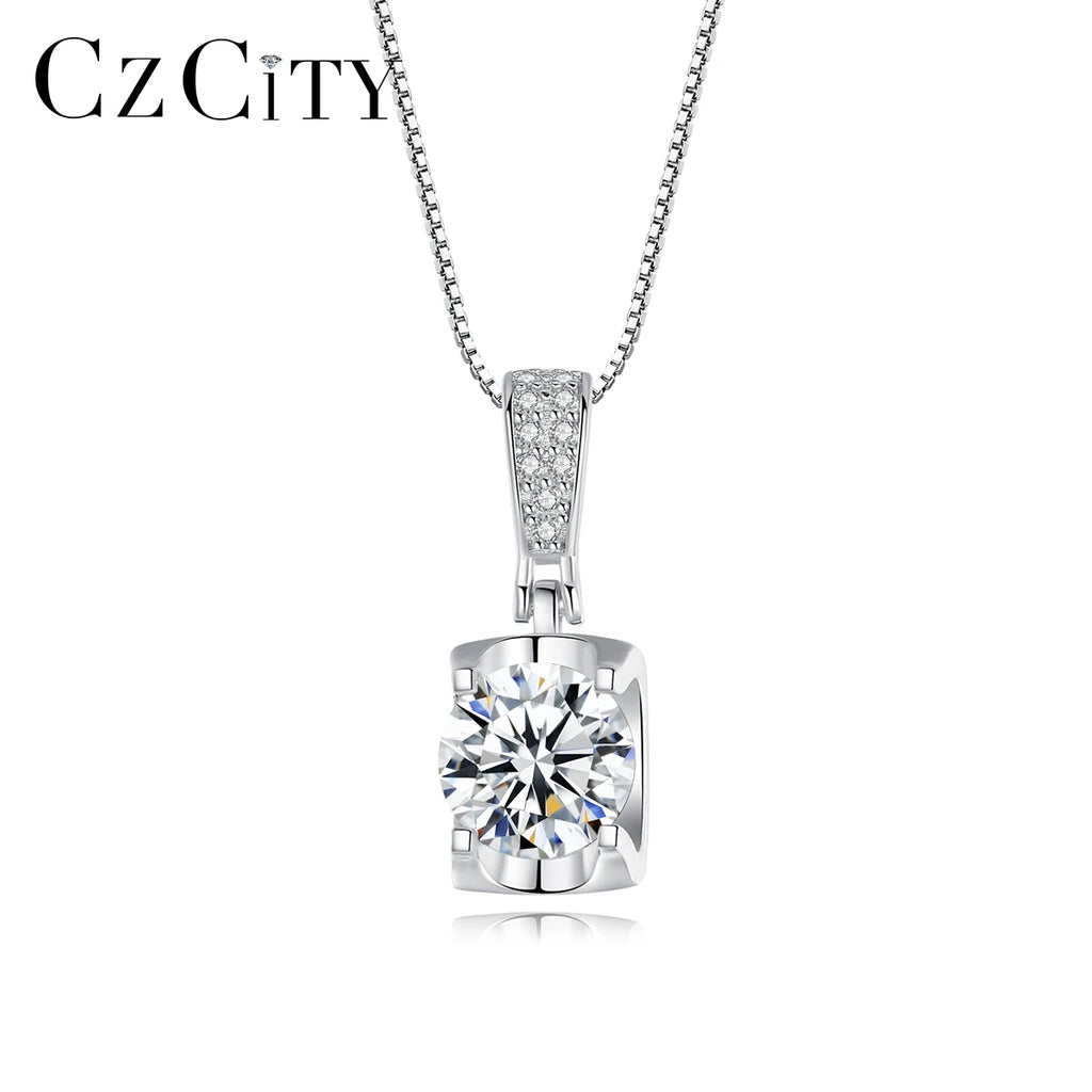 CZCITY Moissanite Gemstone Jewelry Round Brilliant Cut Moissanite Pendant Necklace 925 Sterling Silver Charm Pendant Necklace