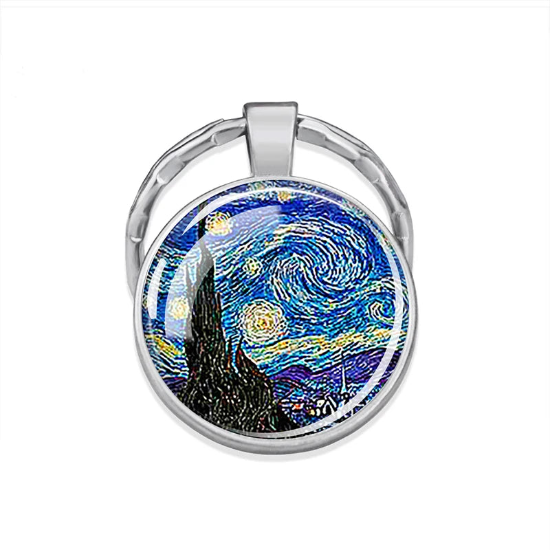 Handmade Glass Cabochon Dome Van Gogh Starry Night Keychain Gift Art Picture Pendant Jewelry Key Rings Key Chain