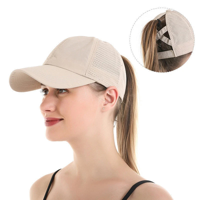 Plain Blank Women Quick Drying Ponycap Adjustable Curl Hair Backless Mesh Ponytail Baseball Hat Cap