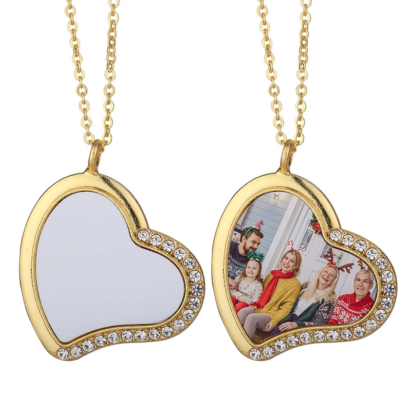 Metal Crafts Gift Finished Gold-Plated Metal Sublimation Blank Heart Pendant Necklace with Rhinestones for Party Accessories