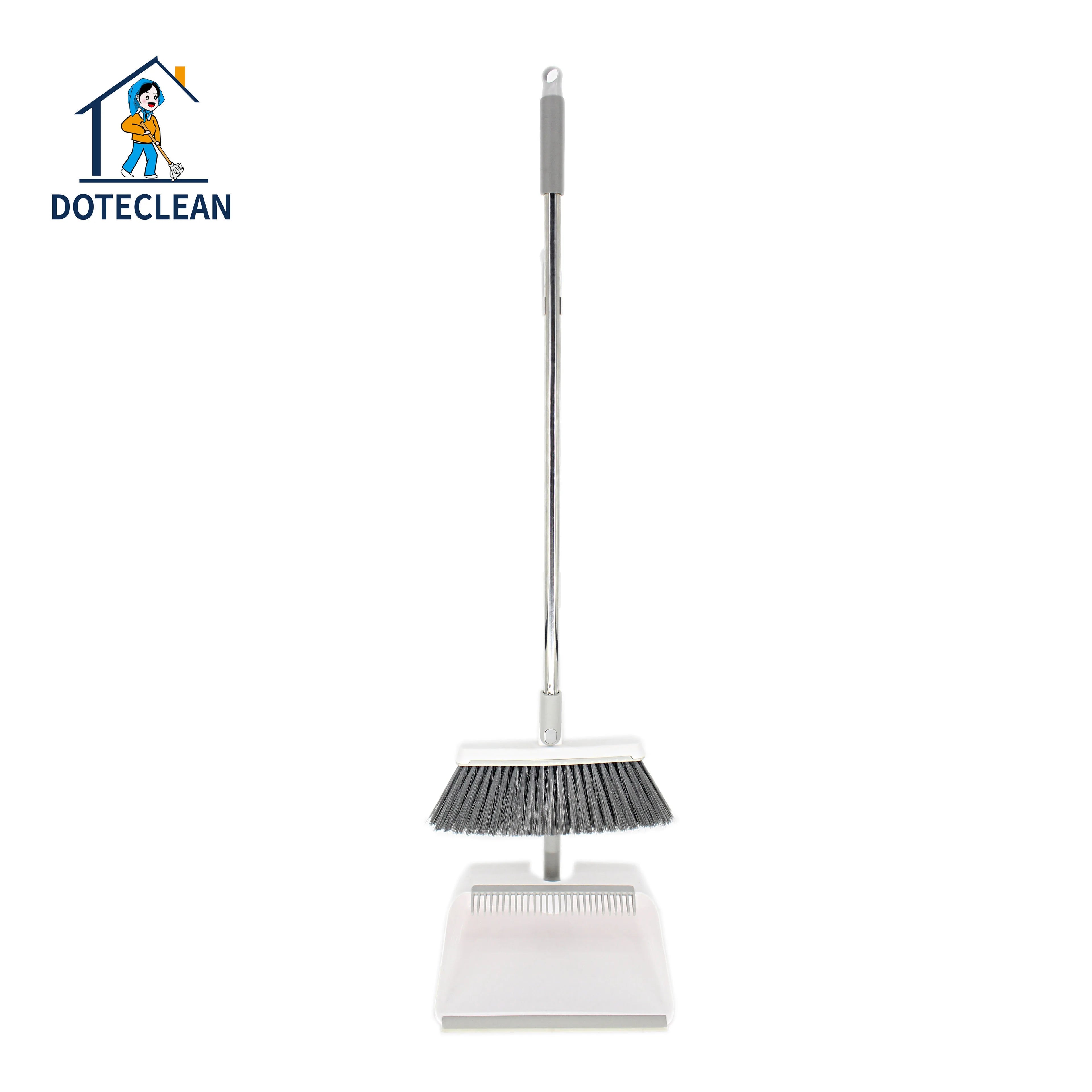 Stainless Steel Vertical Standing Design Dustpan and Broom Set Household Cleaning with Bristle Head Plastic Material