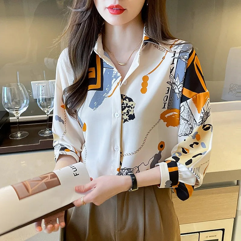 Women's Summer Casual Chiffon Blouse Korean Fashion Long Sleeve Button-Up Floral Print V-Neck Office Wear